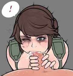 ! antiheld breasts brown_hair cum cum_in_mouth ejaculation facial_mark fellatio female hair handjob human looking_at_viewer male metal_gear_(series) metal_gear_solid_v one_eye_closed oral penis pov quiet_(metal_gear) runny_makeup speed_lines spoken_! straight sweat tabletorgy