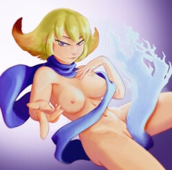 bad_censor bard-bot blonde_hair breasts covering female gradient gradient_hair index_finger_raised kid_icarus kid_icarus_uprising looking_at_viewer naked_scarf navel nintendo nipples nude orange_hair phosphora purple_eyes pussy smile solo two_tone_hair