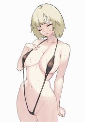 1girls areola_slip bikini blonde_hair breasts closed_eyes dungeon_meshi falin_touden falin_touden_(tallman) female medium_hair pipiergod skimpy sling_bikini solo standing sweat swimsuit wide_hips