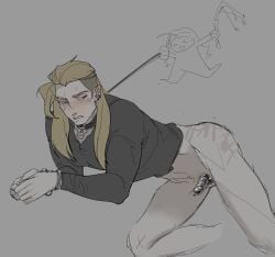 blonde_hair blonde_hair_male blush chastity_cage chastity_device collar gay hand_cuffs long_hair male male_only no_pants penis pubes pubic_hair restraints riot_games skinny sova_(valorant) spank_marks valorant yingsek04