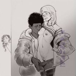 1boy 1girls 2d 2d_(artwork) breast_sucking caught_in_the_act color couple couple_(romantic) dark-skinned_male dark_skin eyebrow_piercing female gwen_stacy gwen_stacy_(spider-verse) illustration imminent_sex izra light-skinned_female light_skin male male/female marvel miles_morales miles_morales_(spider-verse) monochrome romantic_couple spider-gwen spider-man:_across_the_spider-verse spider-man:_into_the_spider-verse superhero superheroine undressing