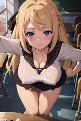 ai_generated ariel_anemoi_asura big_breasts blonde_hair blue_eyes blush hard_nipples hd long_hair mushoku_tensei nipples_visible_through_clothing school_uniform serafuku thighs transparent_clothing xurockies