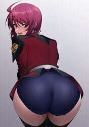 1girls 2024 ass ass_focus blush eyebrows eyebrows_visible_through_hair gundam gundam_seed gundam_seed_destiny huge_ass looking_at_viewer looking_back lunamaria_hawke pink_hair short_hair simple_background solo solo_female solo_focus ulrich_(tagaragakuin) underwear uniform