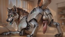 absurd_res ahe_gao ai_generated animal_genitalia anus ass balls canid canine canine_genitalia canis detailed feral fur genitals glowing hi_res inside keydraw knot light lighting looking_at_viewer looking_pleasured machine male mammal presenting raised_tail robot smile solo tongue tongue_out white_body wolf