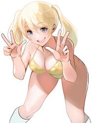 1girls big_breasts bikini blonde_hair blue_eyes breasts busty character_request cleavage double_v female female_only gold_bikini highres large_breasts leaning_forward legs meke open_mouth pose posing smile solo thighs twintails v