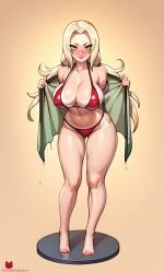 ai_generated bare_legs bare_shoulders barefoot big_ass big_breasts bikini blush breasts candypinklips erect_nipples eyelashes feet female green_eyes hands_on_towel large_breasts legs lipstick looking_at_viewer milf naruto naruto_(series) naruto_shippuden naughty_face naughty_smile puffy_breasts puffy_nipples red_bikini smile tanned tanned_female tanned_skin toenail_polish toes towel_on_shoulder tsunade twintails wet yellow_hair