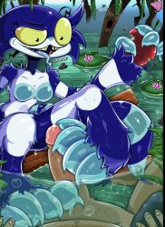 amphibian anthro big_eyes blue_fur body_hair breasts bubbles claws feet female fingers foot_fetish foot_focus footjob gap_teeth grass leaves log long_tongue male penis rae_(spidernickels) smile swamp tail toes tree water