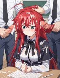 2boys ai_generated annoyed blush bukkake buurazu classroom classroom_desk classroom_sex clone clones cum_drip cum_everywhere cum_in_hair cum_on_book cum_on_clothes cum_on_face cum_on_hair grabbing_hair hair_grab hairjob high_school_dxd hyoudou_issei ignoring messy_hair penis public public_use red_hair rias_gremory school_uniform schoolboy schoolgirl see-through_clothing