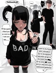 1boy 1girls assertive assertive_female black_hair black_shirt choker clothed clothing confession english english_text goth goth_girl grey_eyes ioxat looking_at_viewer makeup original pants shirt smaller_female speech_bubble submissive submissive_female thighhighs