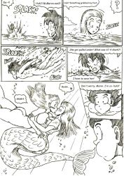 1boy 1girls black_and_white breasts comic_page dragon_ball_z english_text kissing maron mermaid mermaid_tail ocean son_gohan son_gohan_(young) surprise_sex thewritefiction underwater