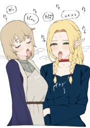 2girls after_oral artist_request blonde_hair closed_eyes clothing cum cum_on_clothes dungeon_meshi elf falin_touden falin_touden_(tallman) female female_only green_eyes human long_hair marcille_donato medium_hair multiple_girls open_mouth tongue tongue_out