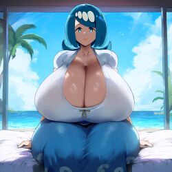 ai_generated ameanon big_breasts blue_eyes blue_hair breasts breasts_bigger_than_head cleavage gigantic_breasts huge_breasts lana's_mother_(pokemon) large_breasts nintendo on_bed pokemon sitting t-shirt thick_thighs wide_hips