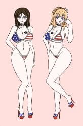 american_flag_bikini bimbo bimbofication blonde_hair blue_eyes blush brown_hair collar crown_braid curvy_female girls'_frontline girls_und_panzer heavy_makeup high_heels large_breasts looking_at_viewer mosin-nagant_(girls'_frontline) nonna platform_heels queen_of_spades wide_hips