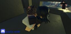 2femboys 3d artist_request ass ass balls ballsack black_hair brown_hair cat_ears femboy glans roblox robloxian tattooed_arm thighhighs white_pants white_shirt