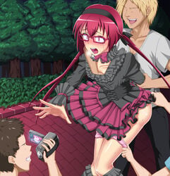 3boys blonde_hair blush boots breast_grab brown_hair camcorder evil_grin faceless_male female filming frills glasses hairband joukamachi_no_dandelion knees_together_feet_apart long_hair multiple_boys open_mouth outdoors panties pants panty_pull pink_panties rape red_eyes red_hair ribbon sakurada_akane short_hair skirt tears tied_hair twintails