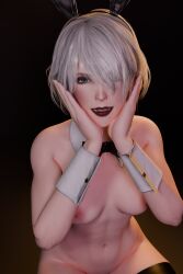 1girls 3d abs bare_breasts blender blue_eyes bunny_ears cuffs_(clothing) enigmaj female_focus female_only grey_hair hands_on_face light-skinned_female looking_at_viewer nier:_automata nier_(series) open_mouth short_hair solo_female yorha_2b