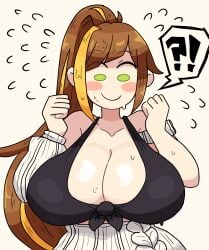 1girls ?! big_breasts bra breasts brown_hair cleavage doodle green_eyes indie_virtual_youtuber kaerivtuber light-skinned_female mob_face multicolored_hair notnoe_(dxcl) open_clothes pink_cheeks ponytail request solo solo_female sweat virtual_youtuber vtuber white_background yellow_hair