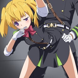 belt blonde_hair clothed_sex gloves military_uniform owari_no_seraph purple_eyes ribbon sanguu_mitsuba sex tagme