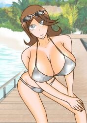 1girls alluring big_breasts bikini brown_hair cleavage escape_(go-busters) mokuro_(artist) silver_bikini sunglasses sunglasses_on_head super_sentai tokumei_sentai_go-busters