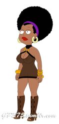 1girls accurate_art_style afro american_dad areola big_breasts big_hips black_eyes black_hair breasts brown_skin busty cleavage dark-skinned_female dark_skin earrings female female_only francine_smith gp375 high_heel_boots high_heels hoop_earrings milf nipples pussy see-through sexpuneequa solo voluptuous