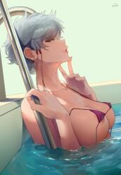 1female 1girls absurdres araneesama big_breasts bikini bleach breasts female kotetsu_isane light-skinned_female micro_bikini pool wet white_hair