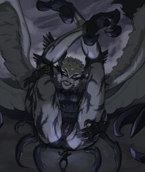 1boy 1girls 3_toes anthro anus anus_peek bigger_female breasts clawed_fingers claws clive_rosfield clothed_male clothed_male_nude_female facial_markings female female_focus final_fantasy final_fantasy_xvi garuda glowing_eyes head_wings highres legs legs_up male monster_girl pears_(artist) presenting_pussy purple_pussy pussy sharp_teeth slit_pupils small_breasts smaller_male smile smiling_at_partner tagme talons white_hair white_skin wings yellow_eyes