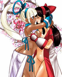 2girls black_hair blue_eyes blush breast_press breasts cherry_blossoms dark_skin female gloves japanese_clothes kissing loco_(shiosai_reach) long_hair majikina_mina multiple_girls nakoruru nipples no_panties open_clothes ponytail ribbon ribbons samurai_shodown snk symmetrical_docking tied_hair uncensored white_hair yuri