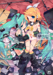 blonde_hair blush breasts detached_sleeves female green_hair hatsune_miku headphones highres kagamine_rin kuroba multiple_girls nipples panties pussy_juice sweat thighhighs underwear vocaloid yuri