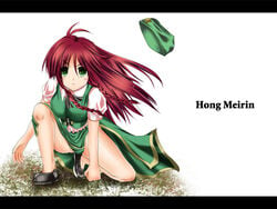 blush braid braids breasts character_name female green_eyes hat hong_meiling long_hair plait red_hair solo the_embodiment_of_scarlet_devil touhou