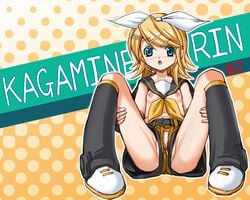 blonde_hair blue_eyes blush breasts color female female_only flat_chest footwear harukigenia kagamine_rin nipples no_panties open_fly open_mouth pussy pussy_peek short_hair shorts socks solo spread_legs uncensored unzipped vocaloid vocaloid_2 wallpaper