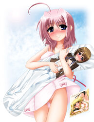 ahoge blue_eyes blush caro_ru_lushe fate_testarossa female hayate_yagami highres human kurogane_(artist) kurogane_(majesticrune) lyrical_nanoha mahou_shoujo_lyrical_nanoha_strikers no_panties pantyhose pink_hair white_legwear white_pantyhose