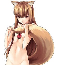 1girls animal_ears blush covering covering_nipples flat_chest holo long_hair nude ookamimimi puyo red_eyes spice_and_wolf tail wolf_ears wolfgirl