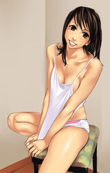 black_hair blush breasts buresu cleavage covering covering_crotch grin hands long_hair midriff original panties shirt shirt_tug smile underwear