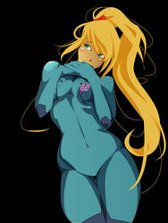 bodysuit breasts female female_only human long_hair metroid nintendo samus_aran solo spandex takumy vector_trace very_long_hair zero_suit zero_suit_samus