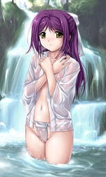 akai_ibara areola areolae blush breasts cameltoe covering crossed_arms female flat_chest fundoshi hair_ribbon long_hair mole navel nipples no_bra open_clothes open_shirt outdoors puffy_nipples purple_hair pussy raikou_no_taimashi_nanaho_injin_fukkatsu ribbon see-through shinazu_fujimi solo wading water waterfall wet wet_clothes yamakasa yellow_eyes zundarepon zz