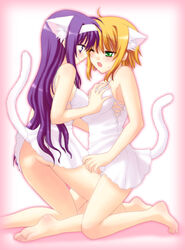 ahoge animal_ears arisa_bannings ass blush cat_ears catgirl feet female groping long_hair lyrical_nanoha mahou_shoujo_lyrical_nanoha multiple_girls nekomimi no_panties saki_chisuzu short_hair skirt tail tsukimura_suzuka yuri