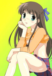 blue_eyes blush bow braid breasts brown_hair fruits_basket gradient_background green_background honda_tohru honda_tooru long_hair midriff panties plait pointy_chin shirt_lift skirt tohru_honda underwear yellow_background