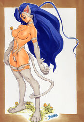 1996 1girls animal_ears bangs bare_shoulders blue_hair blush border breasts butterfly cat_ears cat_tail claws darkstalkers felicia_(darkstalkers) female flower fur large_breasts long_hair looking_down maebari mound_of_venus navel nipples nude paws signature simple_background small_breasts smile solo standing tail traditional_media tsukasa_jun very_long_hair