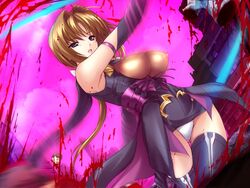 1boy 1girls blood blue_eyes breasts brown_hair choukou_sennin_haruka clothing decapitation dual_wielding elbow_gloves erect_nipples game_cg gloves gore guro kunoichi ninja onigirikun panties ponytail severed_head stockings sword takamori_haruka thighhighs tied_hair underwear weapon white_panties