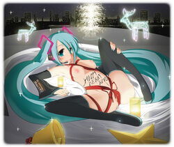 1girls areolae bell black_legwear black_thighhighs blush boots breasts christmas christmas_lights detached_sleeves elbow_gloves female gloves green_eyes green_hair hatsune_miku leg_lift long_hair lying naked_ribbon naked_thighhighs nipples nude oborozuki ribbon rougetsu_(eclipse) solo sparkle spread_legs star thigh_boots thighhighs tied_hair twintails vocaloid vocaloid2