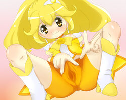 ass beret blonde_hair blue_eyes blush clothing cure_peace fami_r female gloves gothic_lolita long_hair magical_girl pantyhose pink_hair precure pretty_cure shorts small_breasts smile_precure source_request spread_legs spread_pussy spread_pussy_under_clothes tongue_out uncensored v yayoi_kise