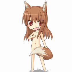 1girls animal_ears blush chibi cute_fang flat_chest holo long_hair nude ookamimimi spice_and_wolf tail wolf_ears wolfgirl