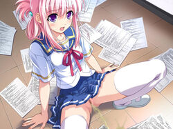 blush flat_chest long_hair natsumegu no_panties nojima_hotori peeing pink_hair purple_eyes pussy school_uniform seifuku serafuku skirt spread_legs thighhighs tsukasa_yuuki uniform voyeur voyeurism