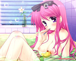 araiguma bath blush bow breasts bubble female flower galge.com hairband long_hair nipples nude pink_hair purple_eyes solo wallpaper