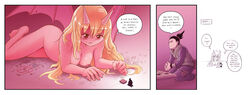 1boy 1girls bat_wings blonde_hair blush breasts comic crossover cute_fang demon_girl english felarya female giantess hands hard_translated highres horns karbo left-to-right_manga long_hair lying magic_circle male medium_breasts menyssan nara_shikamaru naruto ninja nude on_side on_stomach red_eyes shougi sweat text translated uncensored vore wings