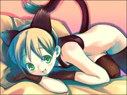 animal_ears blush bottomless cat_ears catgirl cute_fang flat_chest gloves nekomimi no_panties short_hair soine tail thighhighs wallpaper