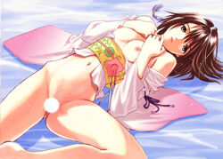 bottomless breasts brown_hair censored color female female_only final_fantasy final_fantasy_x heterochromia human japanese_clothes kimono magi_(cu-little2) open_clothes pubic_hair short_hair solo yuna