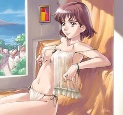 bare_shoulders blush bob_cut breasts brown_eyes brown_hair camisole kadokura_chisato midriff noel_la_neige open_clothes open_shirt panties pointy_chin sameha_ikuya see-through shirt short_hair side-tie_panties smile underboob underwear white_panties