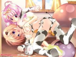 2girls animal_ear animal_ears bandeau_bikini bell blonde_hair blush bow bra breast_grab breast_squeeze breasts collar cow_ear cow_girl cow_print drill_hair elbow_gloves female galge.com gloves hair_ribbon indoors lactation lingerie milk multiple_girls ninoko nipples panties purple_eyes purple_hair ribbon short_hair skirt tail thighhighs underwear wallpaper window yuri