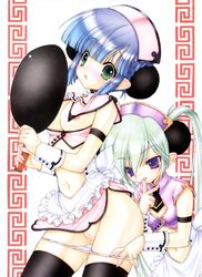 2girls apron blue_hair bow braid breasts female frying_pan green_eyes green_hair high_resolution licking maid midriff multiple_girls necktie nipples no_bra panties panty_pull pointy_ears purple_eyes pussy pussy_juice pussy_juice_trail ramiya_ryou thighhighs tongue underwear wrist_cuffs yuri